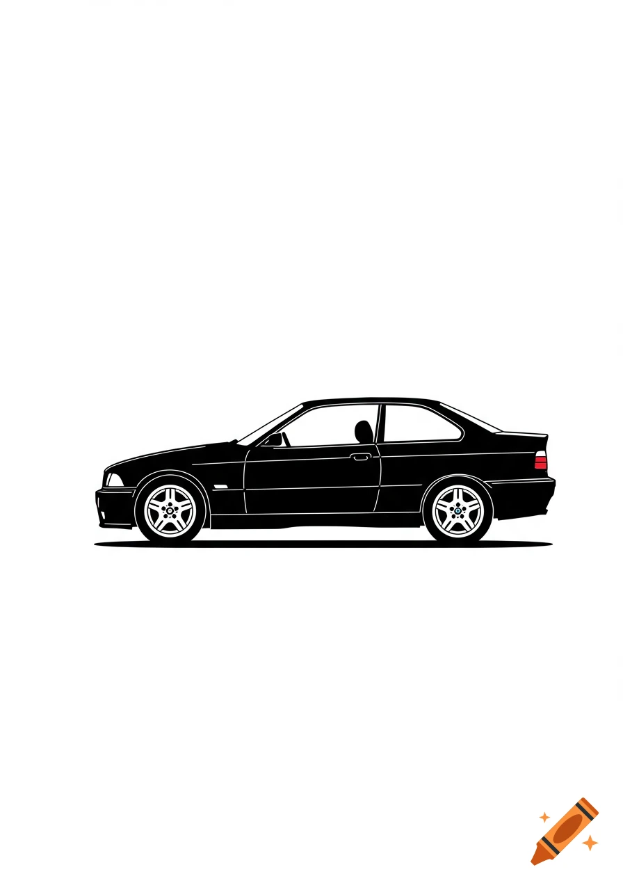Minimalist black line art illustration of a BMW E36 car in profile on a white background.