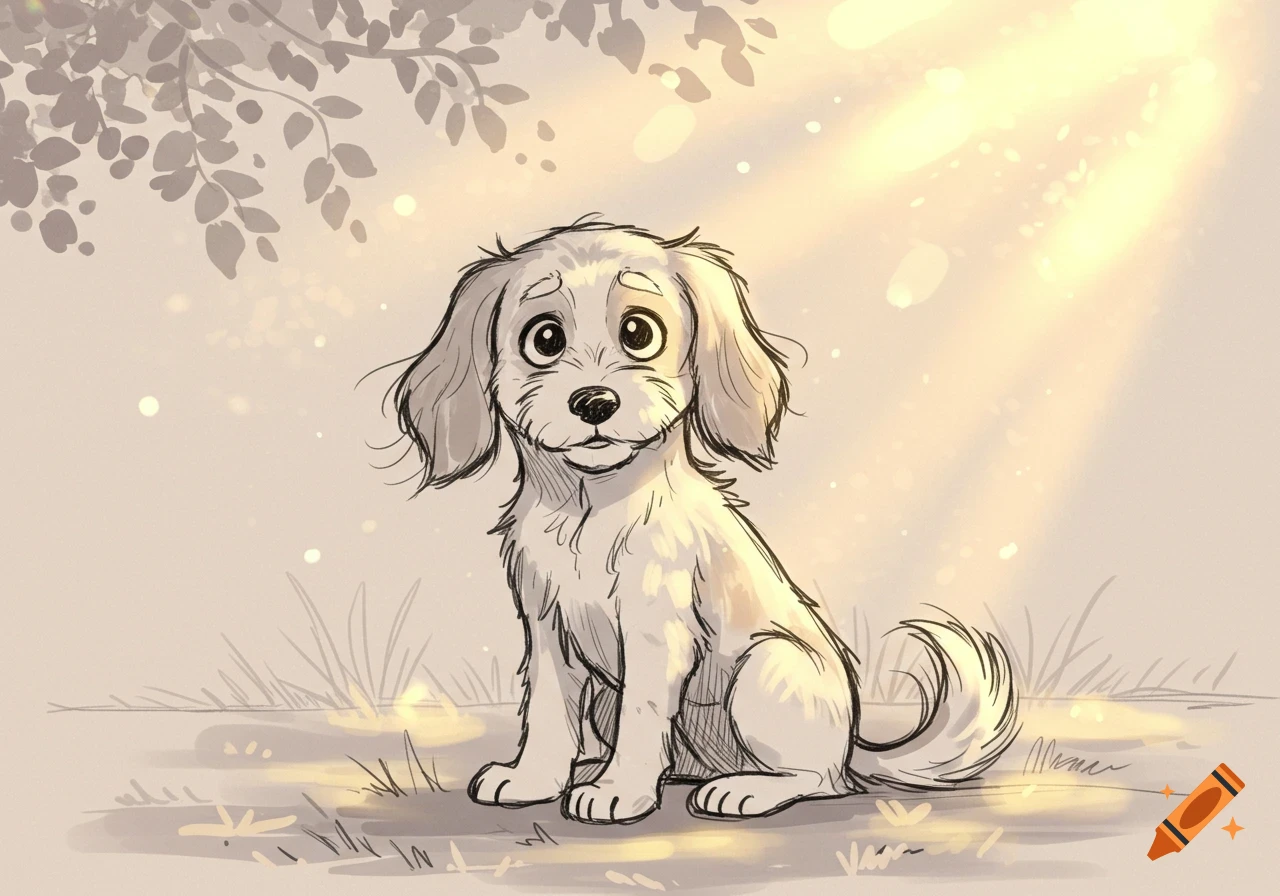 A cute doodle sketch of a fluffy puppy with floppy ears sitting under dappled sunlight.