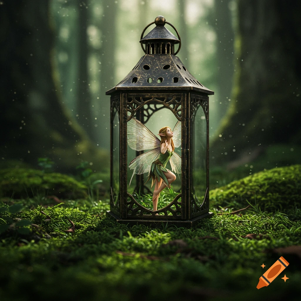 A tiny fairy with delicate wings and green attire stands inside an ornate lantern in a mossy, misty forest.
