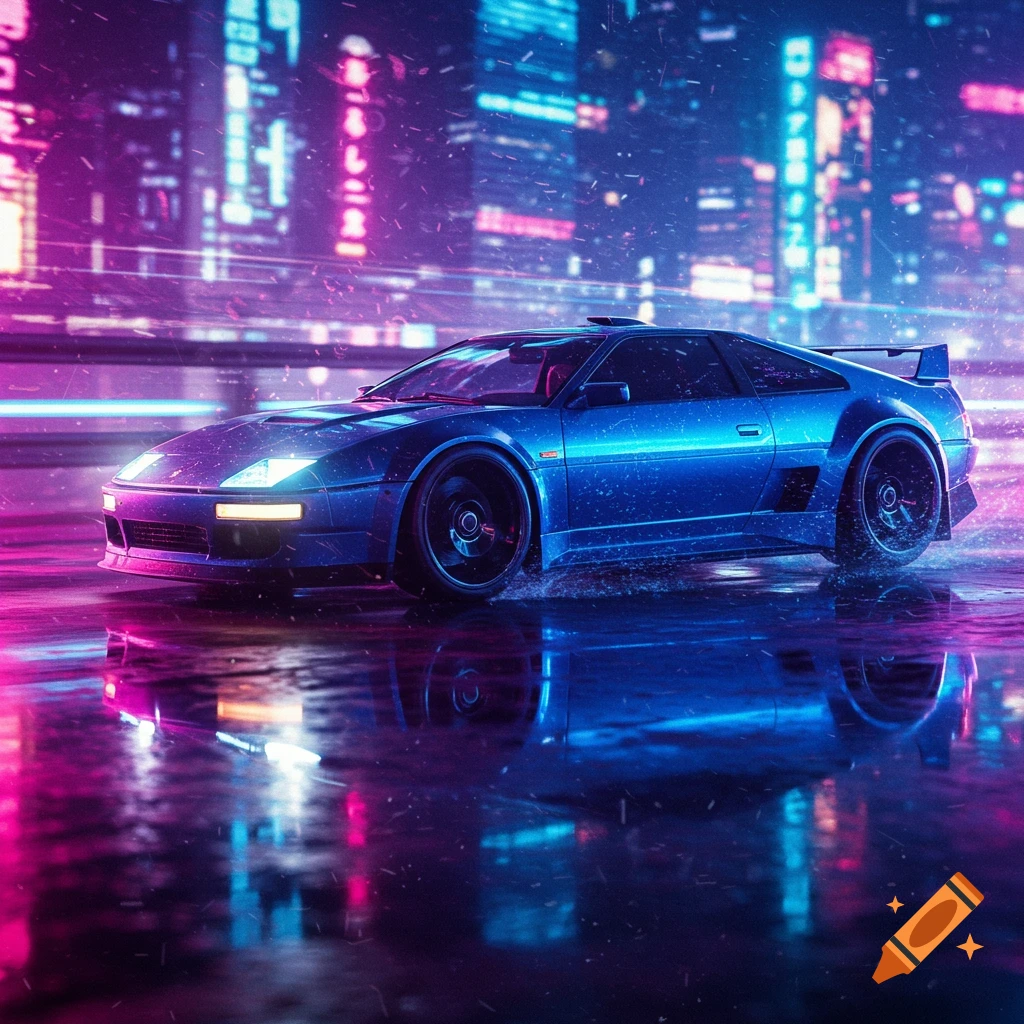A sleek blue sports car speeds through a neon-lit futuristic city street at night, reflecting vibrant pink and blue lights on the wet road.