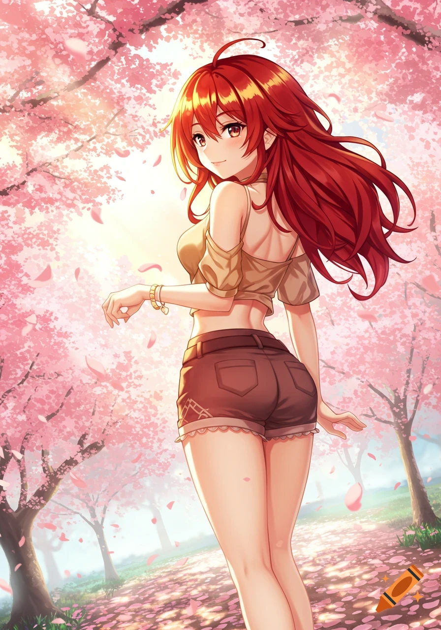 An anime girl with long red hair and a crop top smiles while standing under falling pink cherry blossoms.