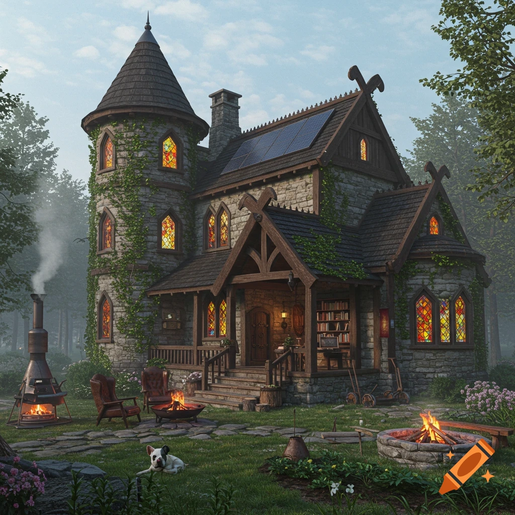 A majestic medieval-fantasy stone house with stained glass, ivy, solar panels, and a dog lying in the grassy yard with fire pits.