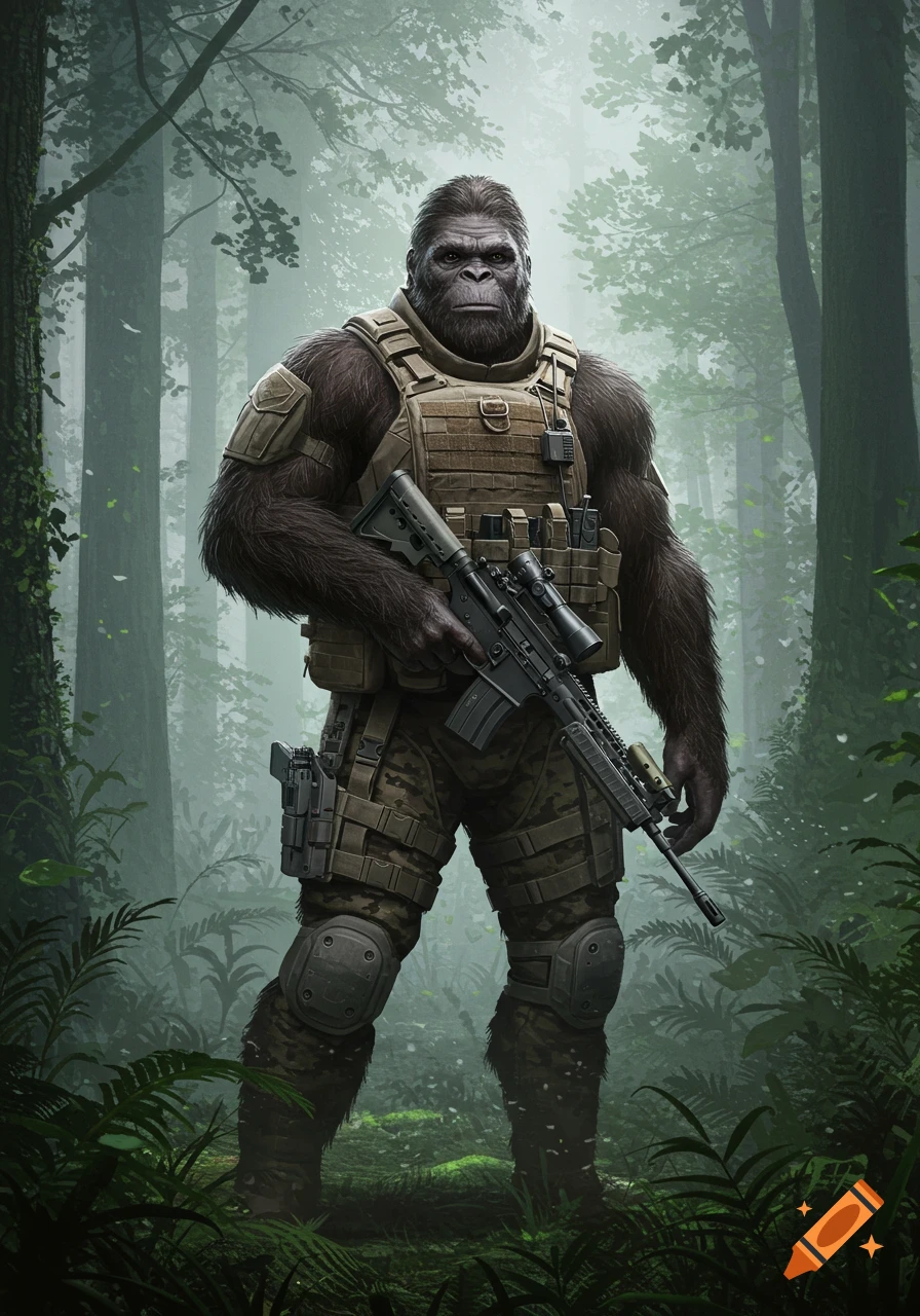 A large, furry Bigfoot-like creature in full military tactical gear holding a rifle, standing in a misty jungle.