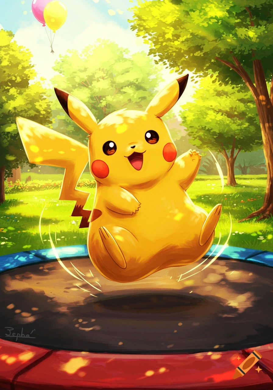 A vibrant, cartoony Pikachu bounces happily on a trampoline in a sunny park with trees and colorful balloons.