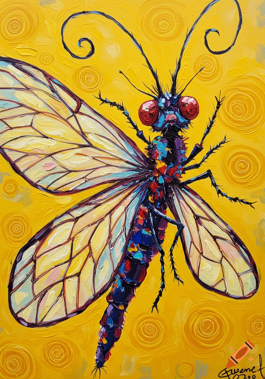 A vibrant impasto painting of a colorful insect with red eyes and translucent wings on a textured yellow background.