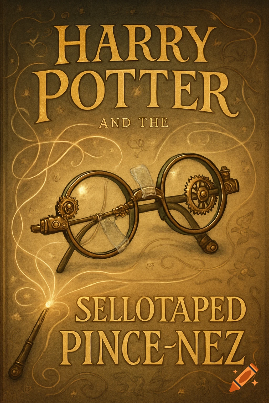 Vintage-style book cover for 'Harry Potter and the Sellotaped Pince-Nez' featuring steampunk-like glasses and a glowing wand on a golden background.