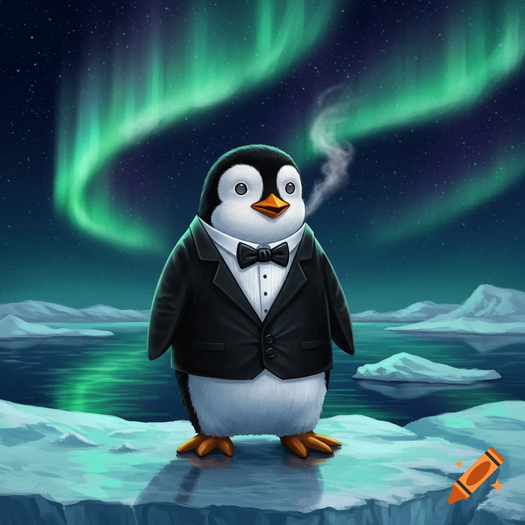 Cartoon penguin in a tuxedo smoking, standing on ice with green Northern Lights in the sky.