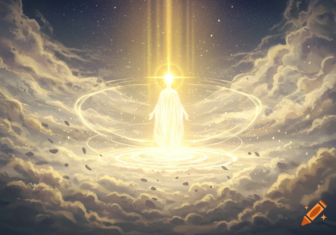 A glowing, stylized figure, radiating intense golden light, stands amidst ethereal clouds and swirling energy, with stars in the dark sky above.