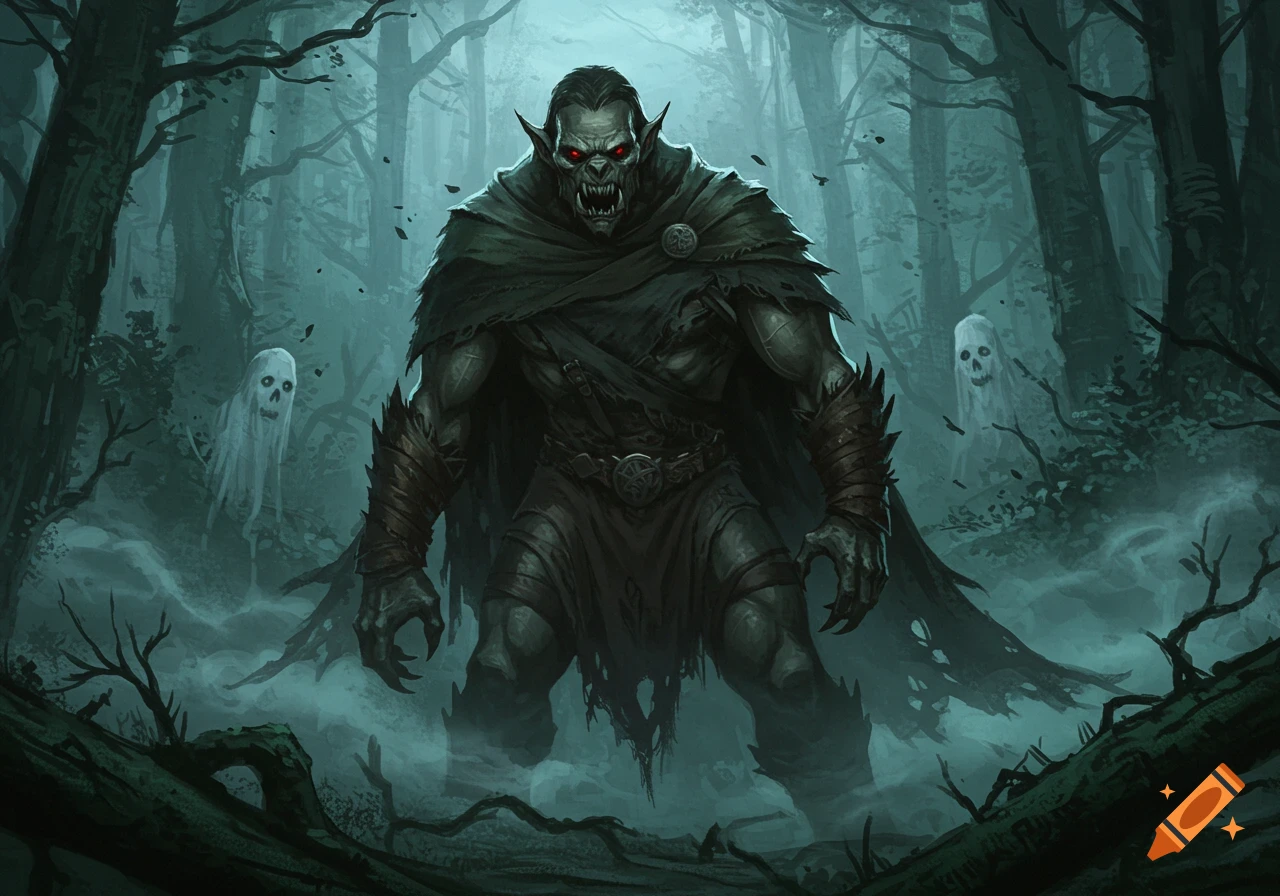 Grendel, a green-skinned monster with fangs and red eyes, stands in a dark, misty forest with two white ghost figures.