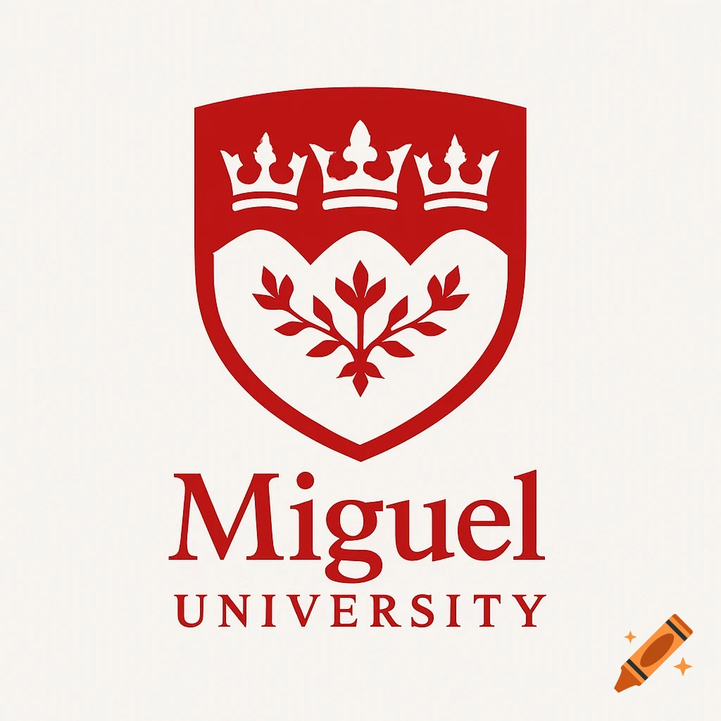 Red university logo with a shield, three crowns, a plant, and text 'Miguel University' on a white background.