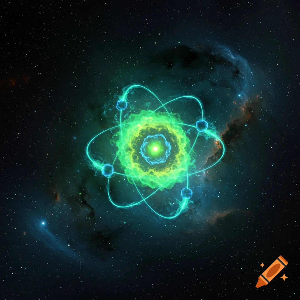 Abstract glowing green and blue atom model with electrons orbiting a bright core, set against a dark, star-filled space with nebulae.