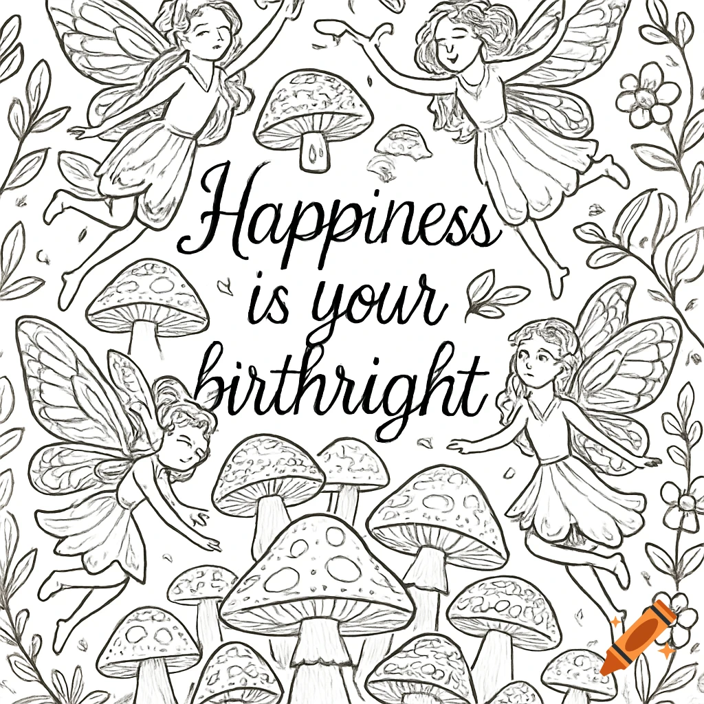 Black and white coloring page featuring fairies dancing among mushrooms with the quote 'Happiness is your birthright' in the center.