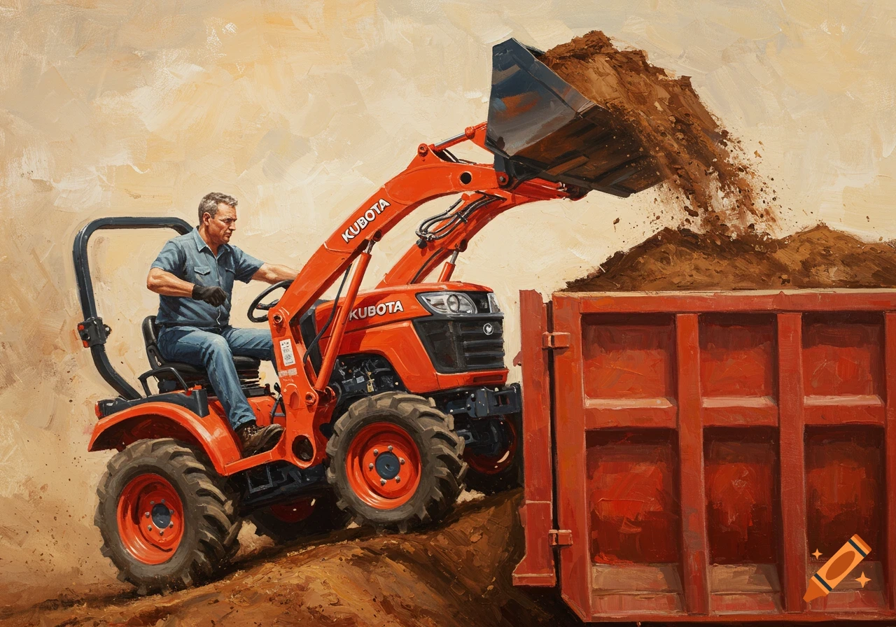 A man operates a red Kubota tractor, dumping dirt into a large truck bin, rendered in a dynamic oil painting style.
