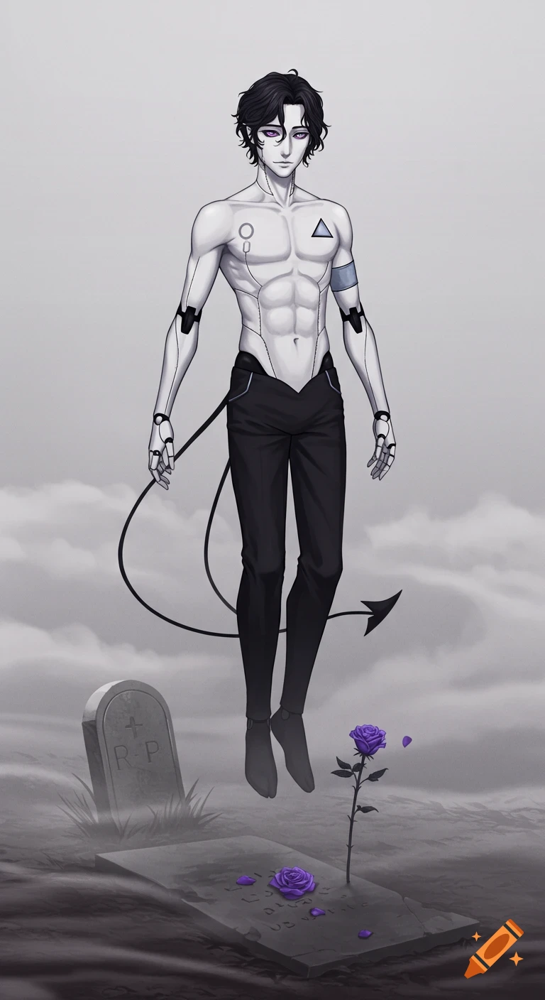 An anime-style robot man with black hair, purple eyes, and a demon tail floats above a tombstone with purple roses in a misty graveyard.
