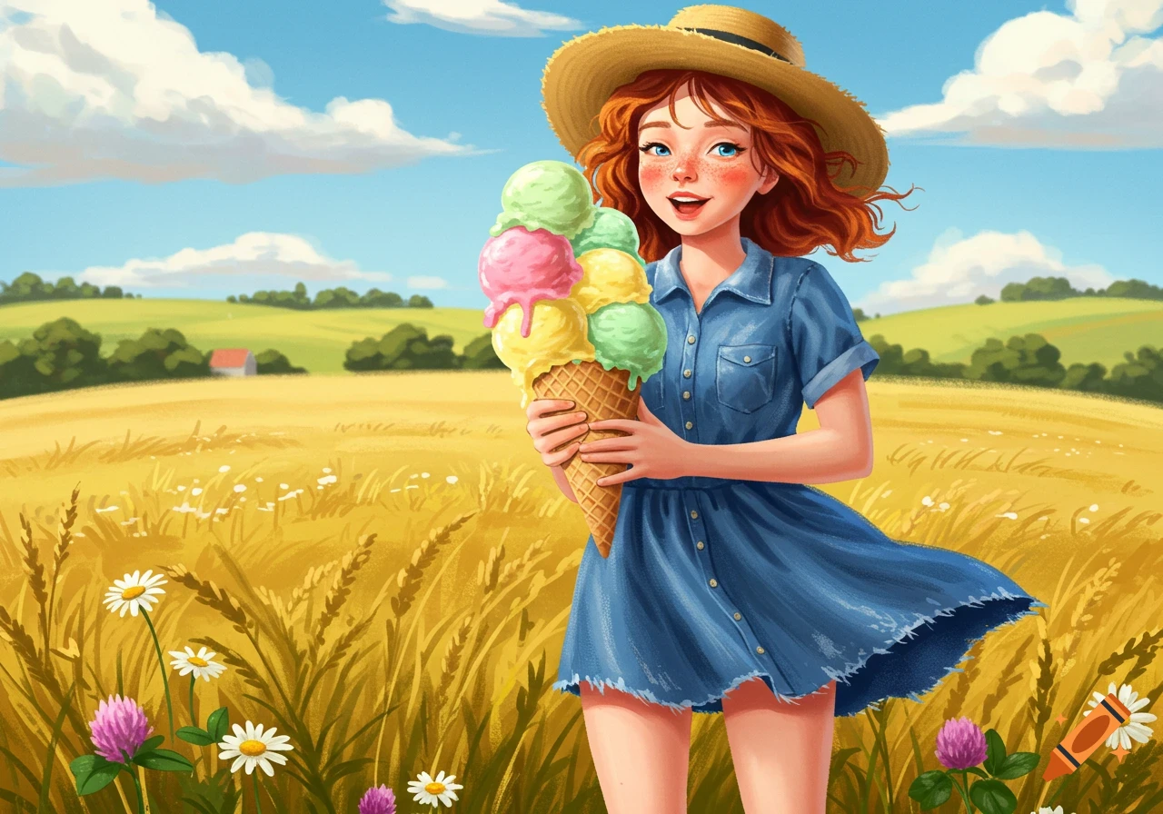 An illustrated girl with red hair and a straw hat holds a giant ice cream cone in a sunny wheat field with blue sky.