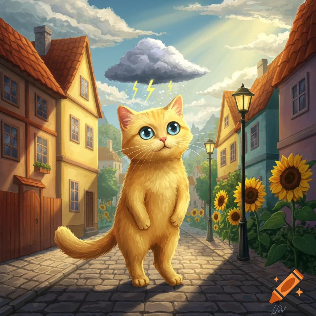 A cute orange cartoon cat walks upright on a cobblestone street with a storm cloud above its head. Houses and sunflowers are visible under a bright sky.