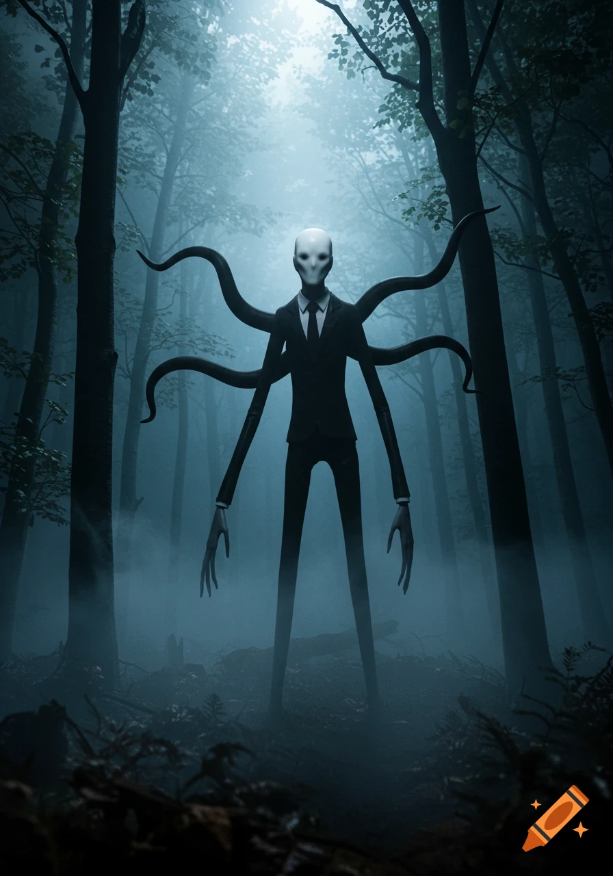Photorealistic image of Slender Man, a tall, faceless figure in a black suit with tentacles, standing in a dark, foggy forest.