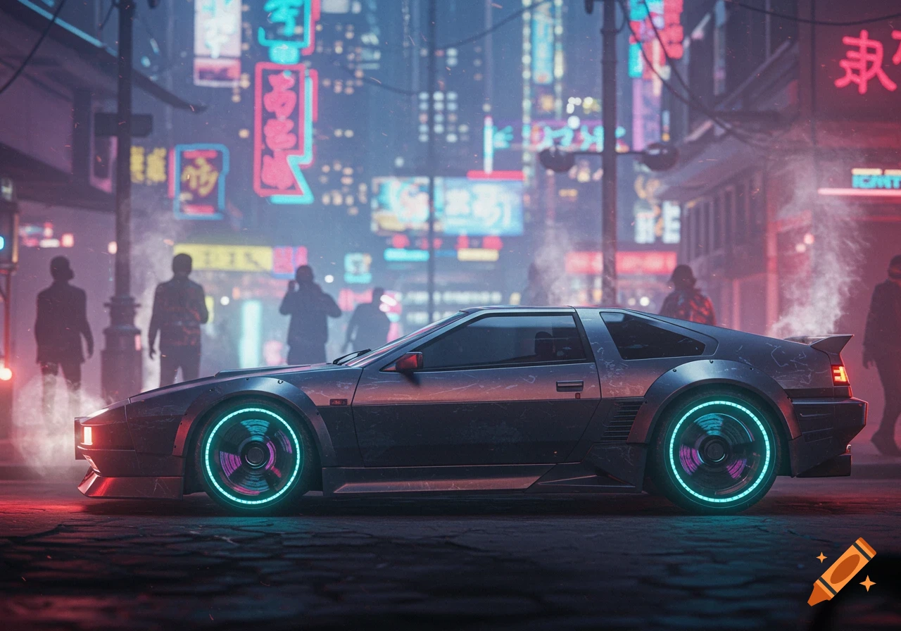 A sleek, dark cyberpunk car with glowing blue and purple wheels sits on a wet street at night, surrounded by neon-lit buildings and blurry figures in a futuristic city.