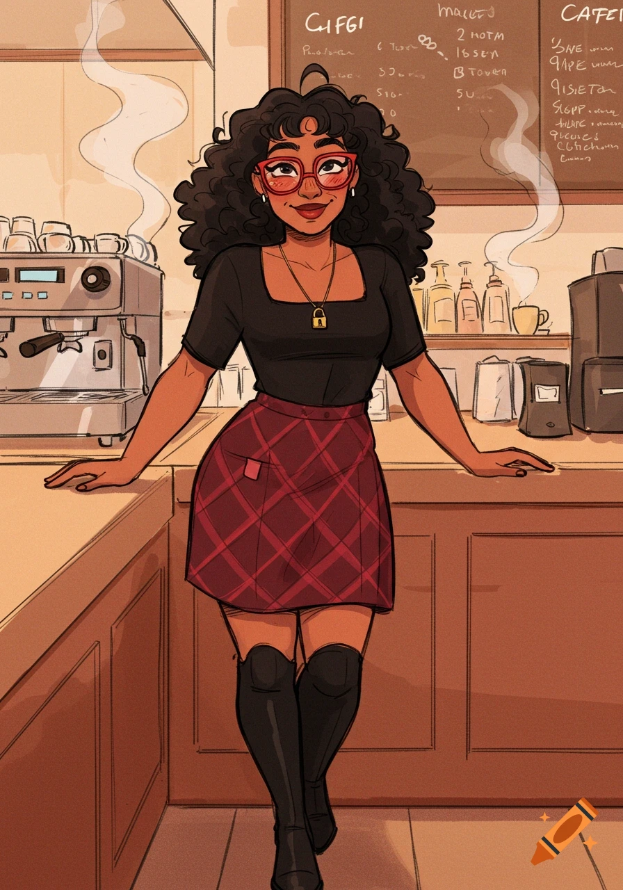 A curly-haired woman with red glasses, a black shirt, and a plaid skirt stands behind a cafe counter with a coffee machine, in an animated style.