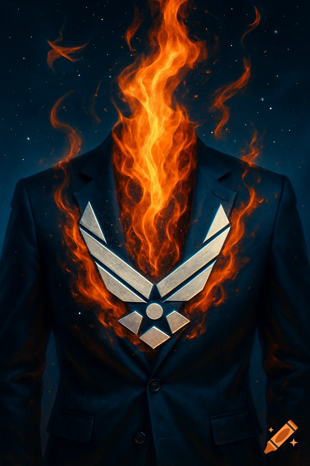 A headless person in a dark blazer has a US Air Force logo on the chest and fire erupting from the collar against a starry night sky.
