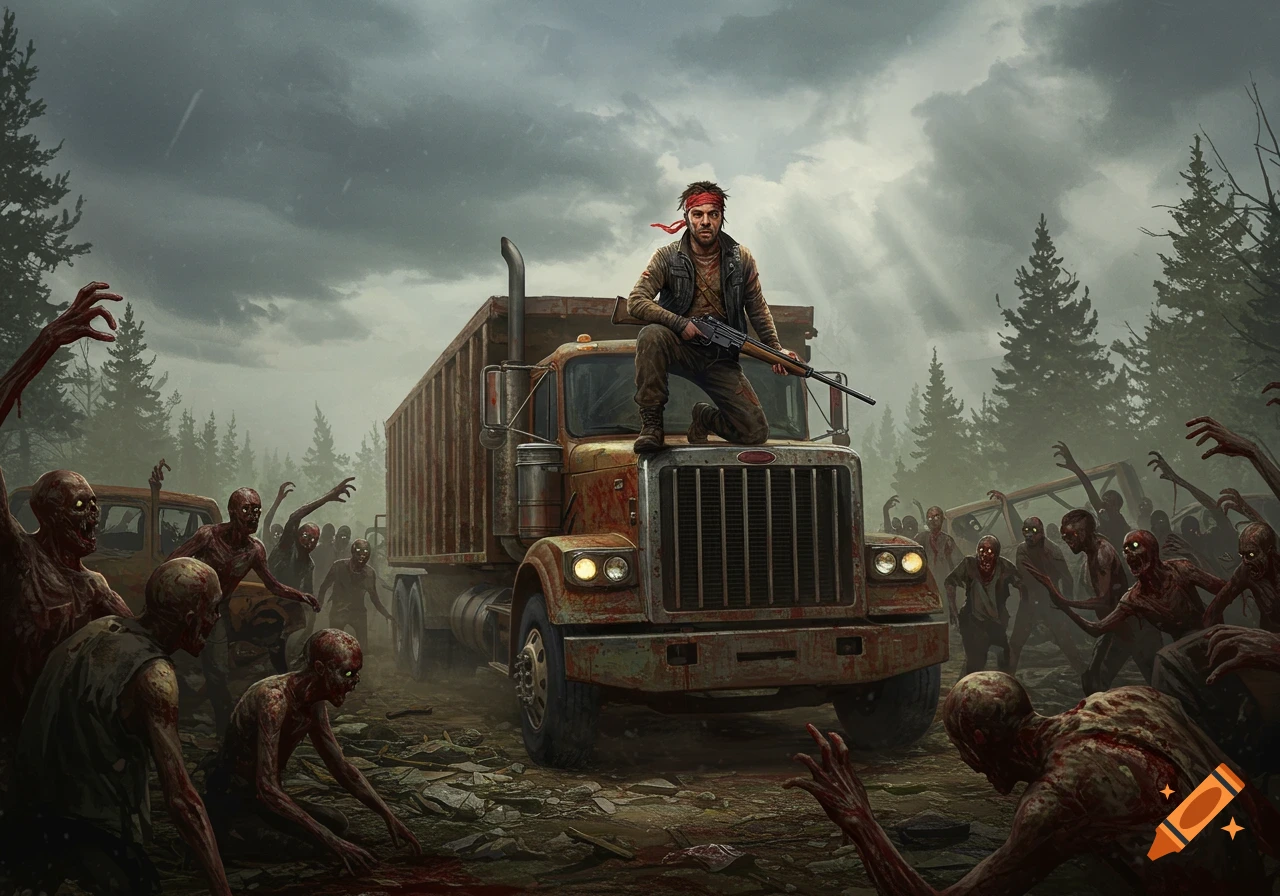 A rugged male survivor with a rifle kneels on the hood of a rusty semi-truck, surrounded by hordes of zombies in a desolate, forested landscape under a stormy sky, in a detailed digital art style.