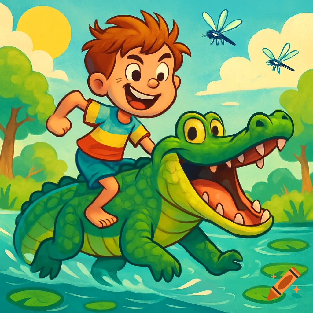 A happy cartoon boy with brown hair rides a large green alligator with its mouth open through a sunny swamp, with dragonflies in the sky.