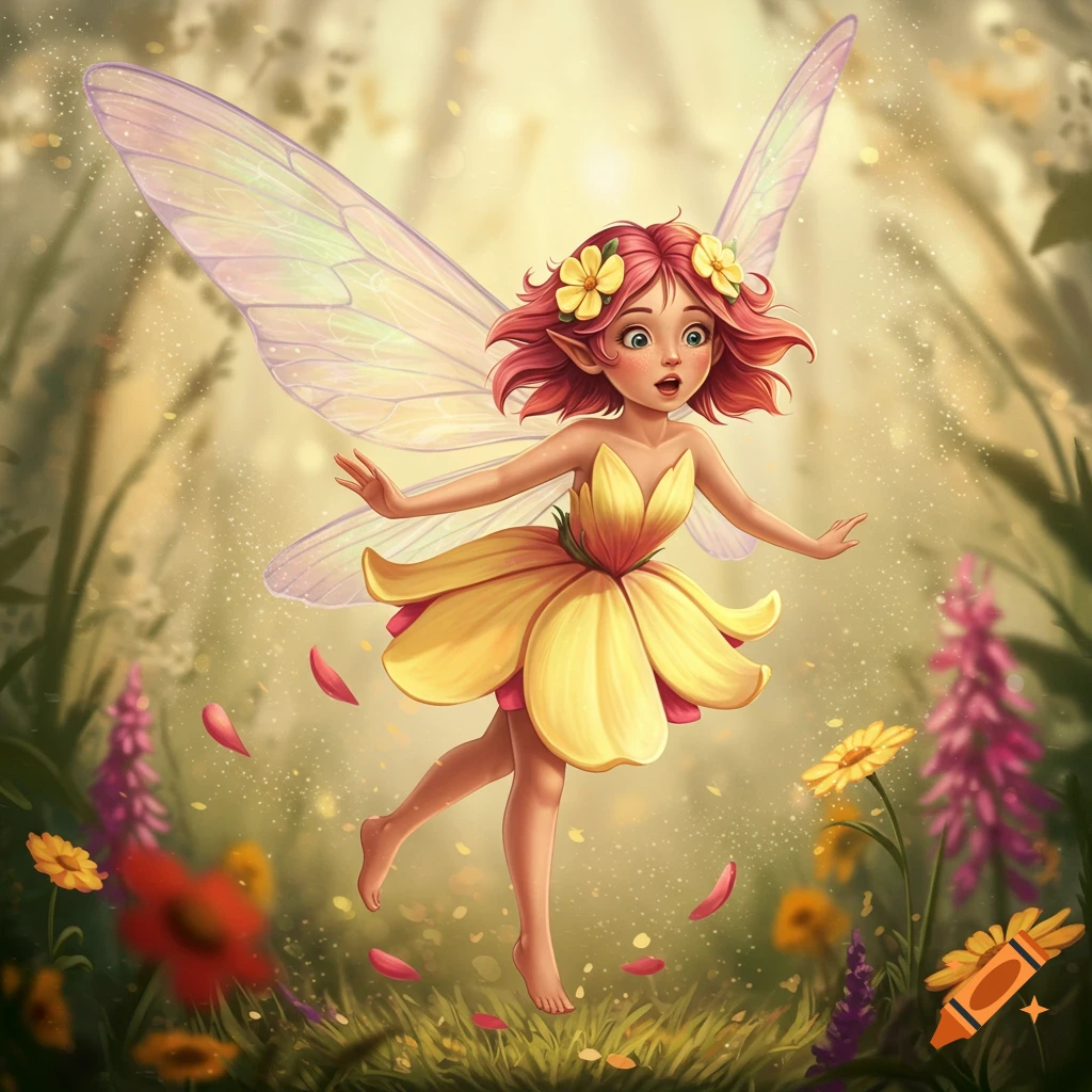 A surprised, red-haired cartoon fairy in a yellow flower dress and delicate wings floats in a magical, sunlit forest.