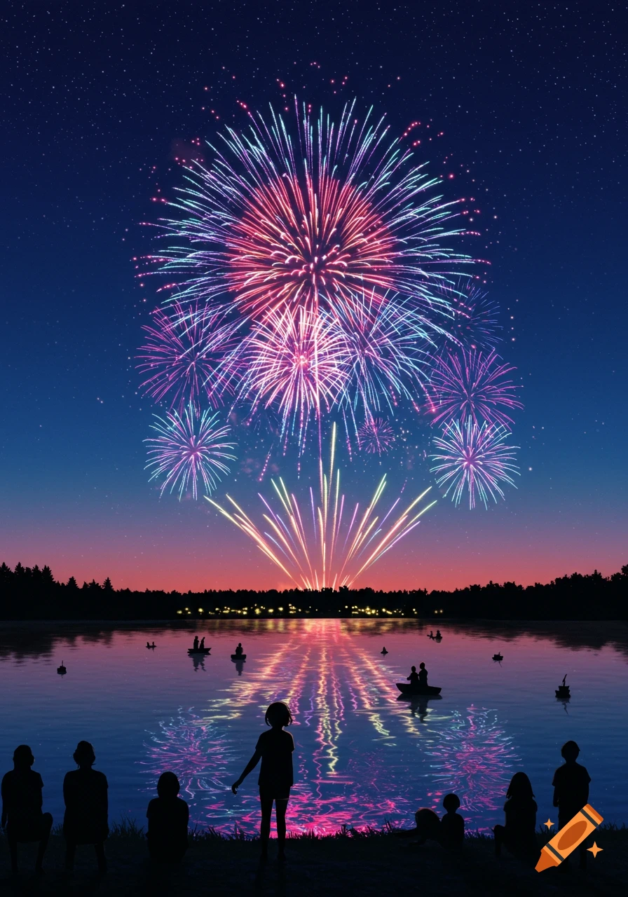 Silhouetted people watch vibrant fireworks exploding over a reflective lake at twilight.