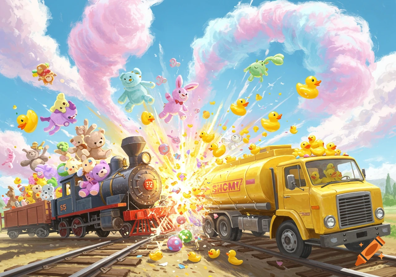 A cartoon train carrying stuffed animals crashes into a yellow tanker truck full of rubber duckies, creating a colorful explosion of cotton candy and flying toys.