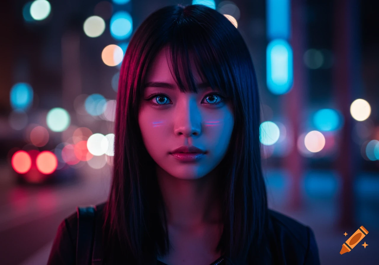 Close-up portrait of a woman with glowing blue eyes and neon face markings, bathed in pink and blue light, with blurred city lights in the background.