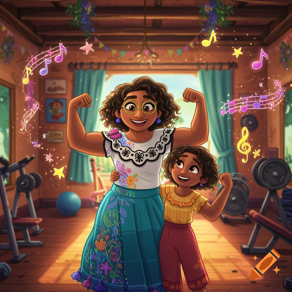 A cartoon adult woman and a young girl, resembling Disney's Encanto characters, smile and flex their muscles in a colorful gym setting with musical notes floating around them.