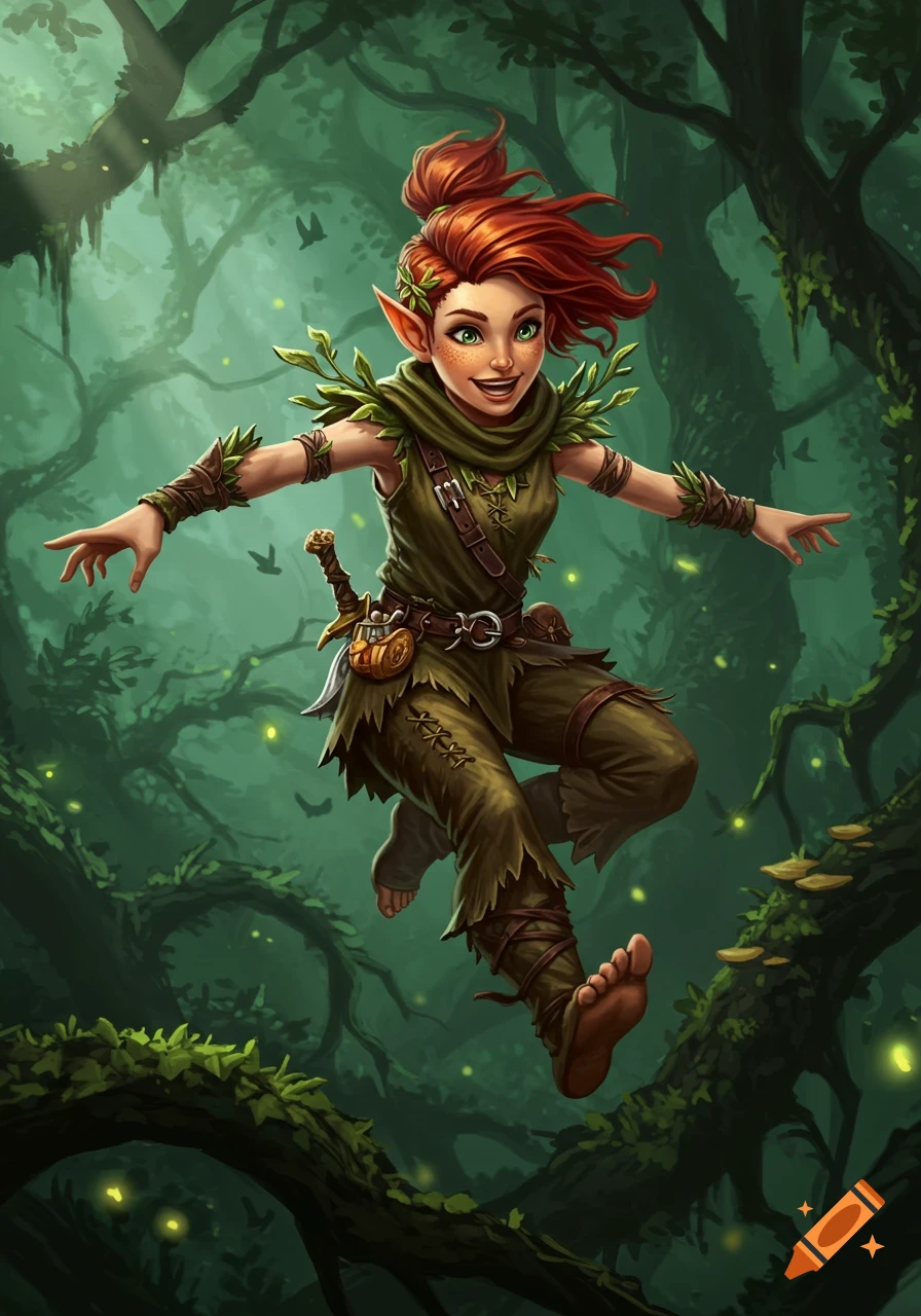 A stylized illustration of a red-haired wood elf with pointy ears and green clothes leaping in a dark, magical forest.