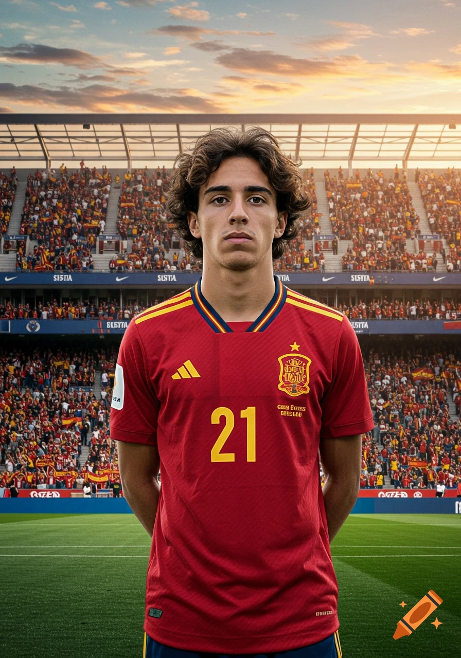 Photorealistic portrait of a young male Spanish soccer player in a red jersey with the number 21, standing on a field in a stadium filled with fans at sunset.