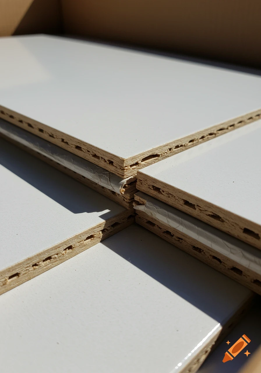 Close-up of water-damaged white particle board from flatpack furniture, showing swollen ends and peeling surface.