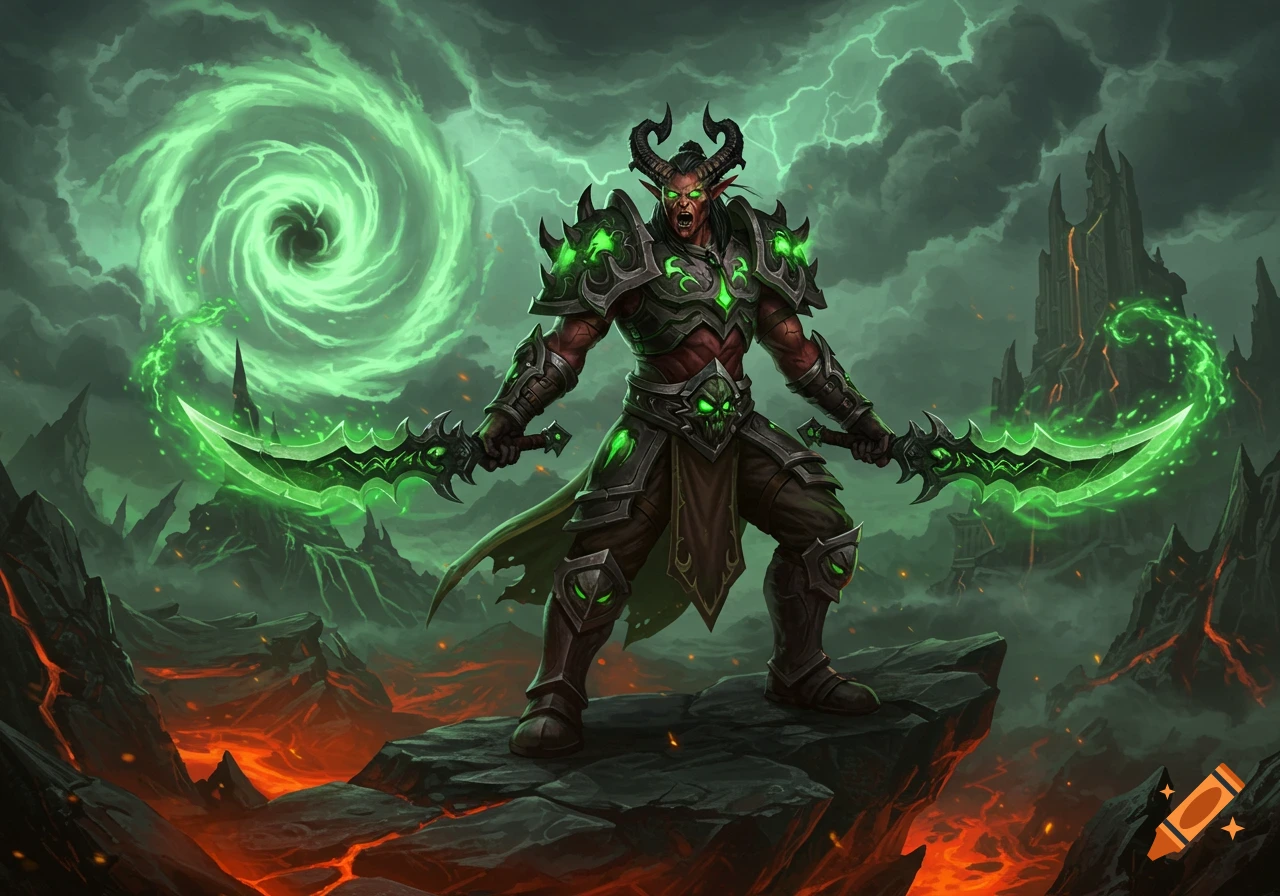 A muscular demon hunter with glowing green weapons and armor stands on a rock in a volcanic, stormy landscape with a green vortex.