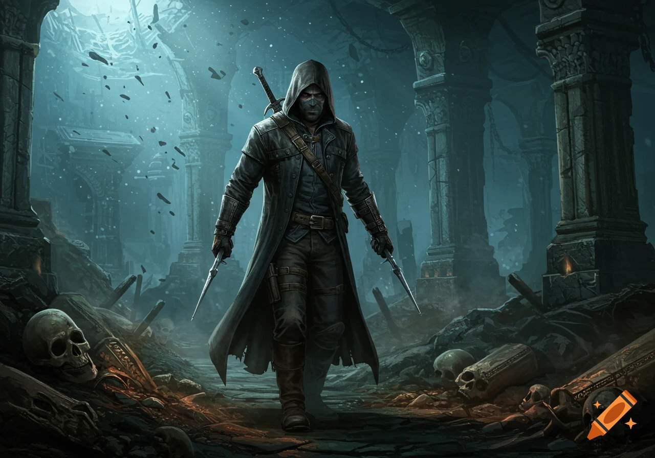 A hooded rogue holding daggers walks through a dark, ruined dungeon with skulls. Dark fantasy art style.