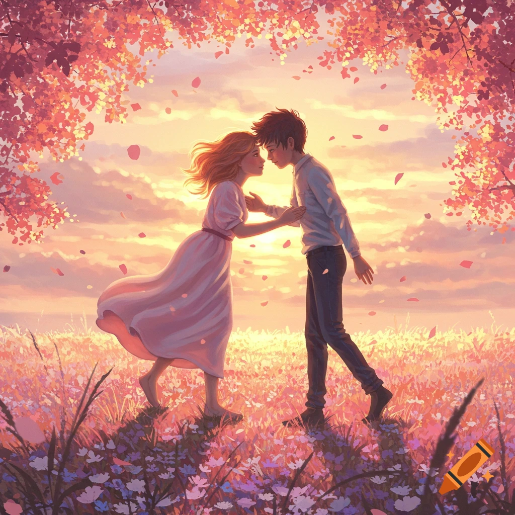 Romantic digital art of a couple in a field of pink flowers and falling leaves at sunset.