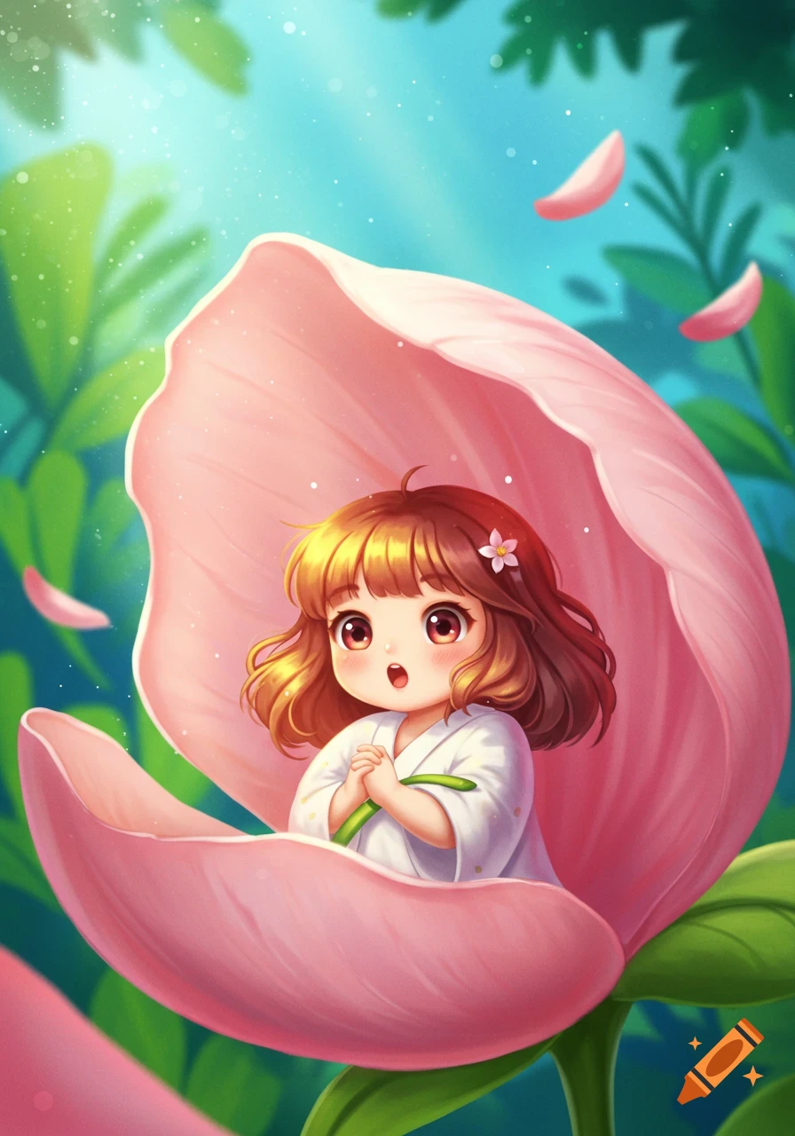 Cute anime girl with big eyes peeking out from a large pink flower petal in a bright, green, and blue magical forest.