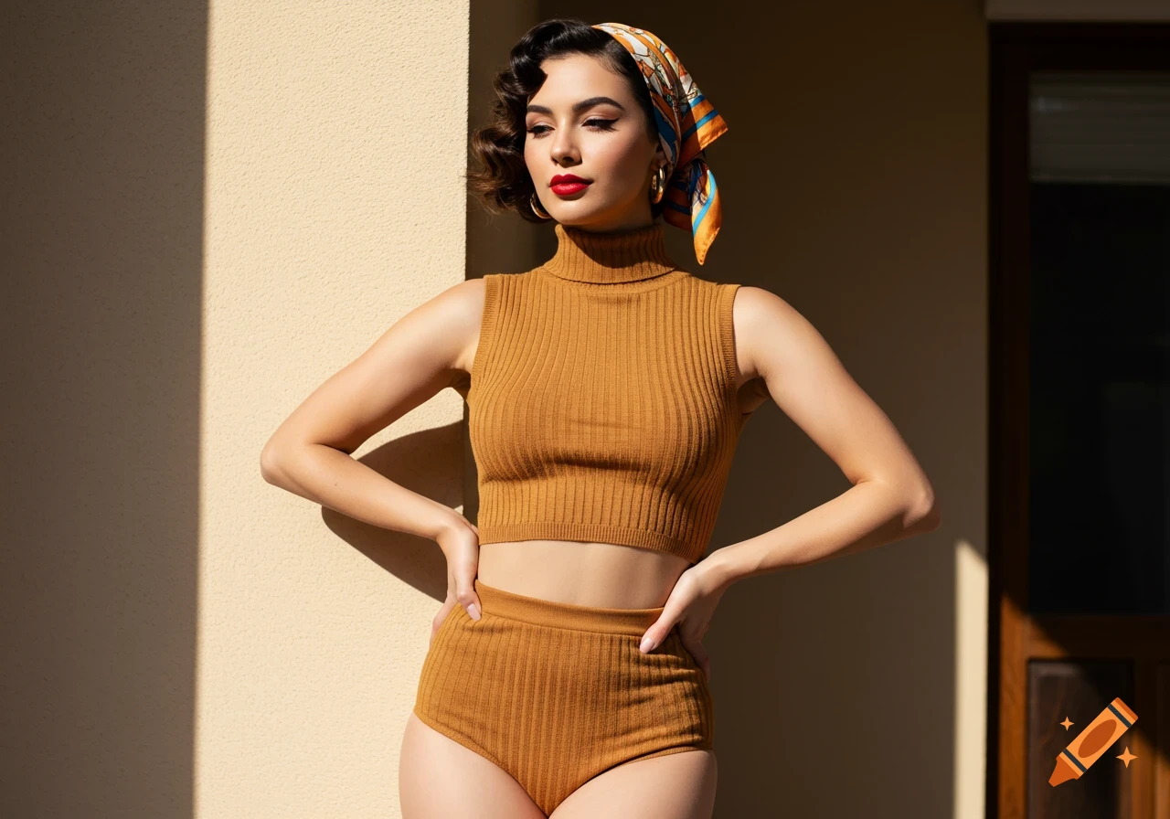 Photorealistic portrait of a woman in a brown knit crop top and briefs, with a patterned headscarf, hands on hips.