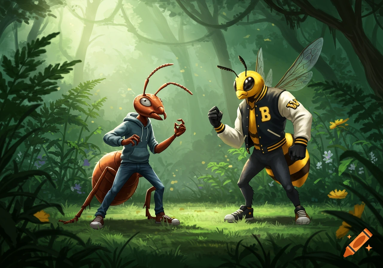 An anthropomorphic ant in a hoodie and a bee in a letterman jacket face off in a lush forest, cartoon style.