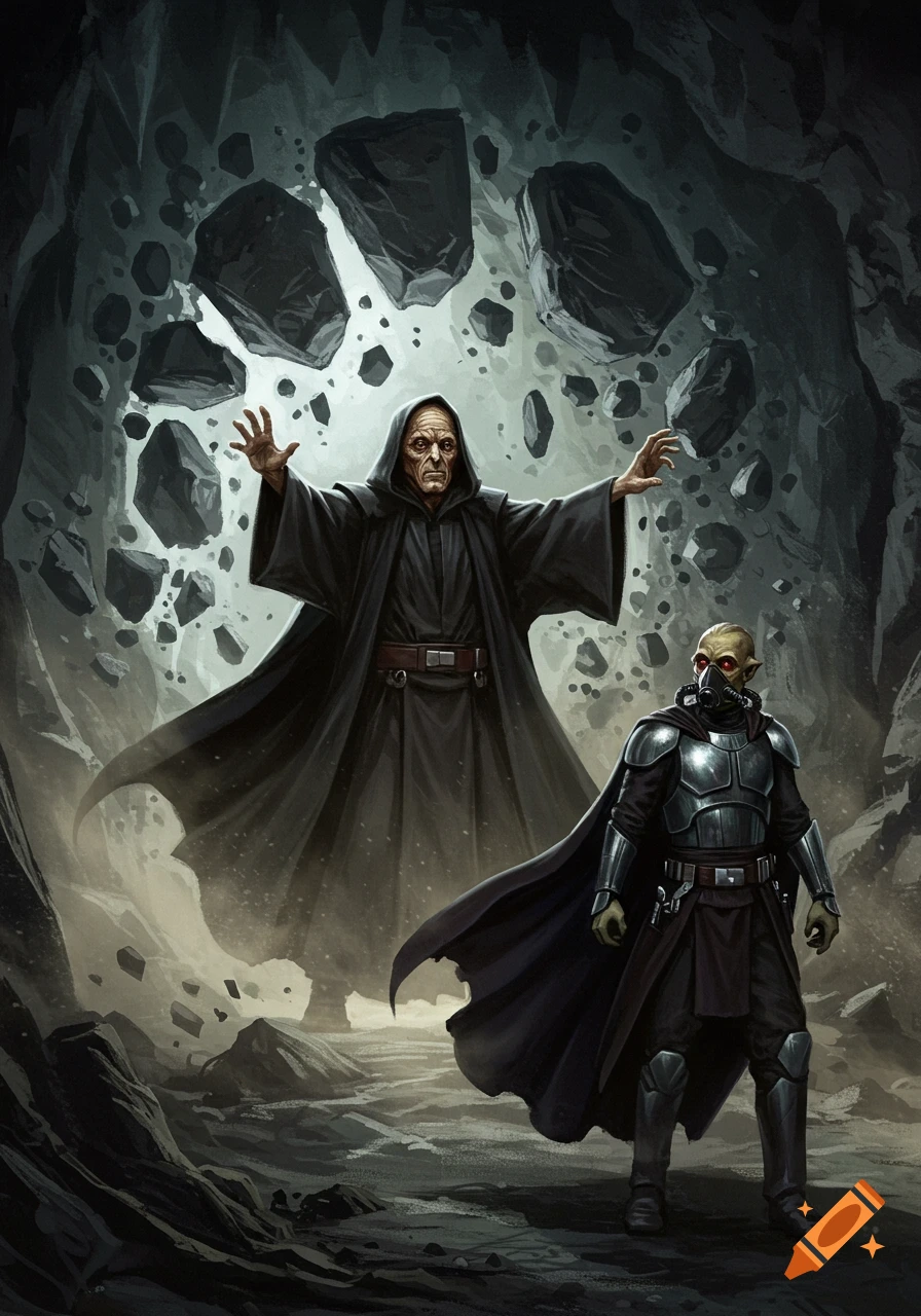 A hooded, robed figure uses the Force to collapse a rocky cave entrance onto an armored alien with a respirator.