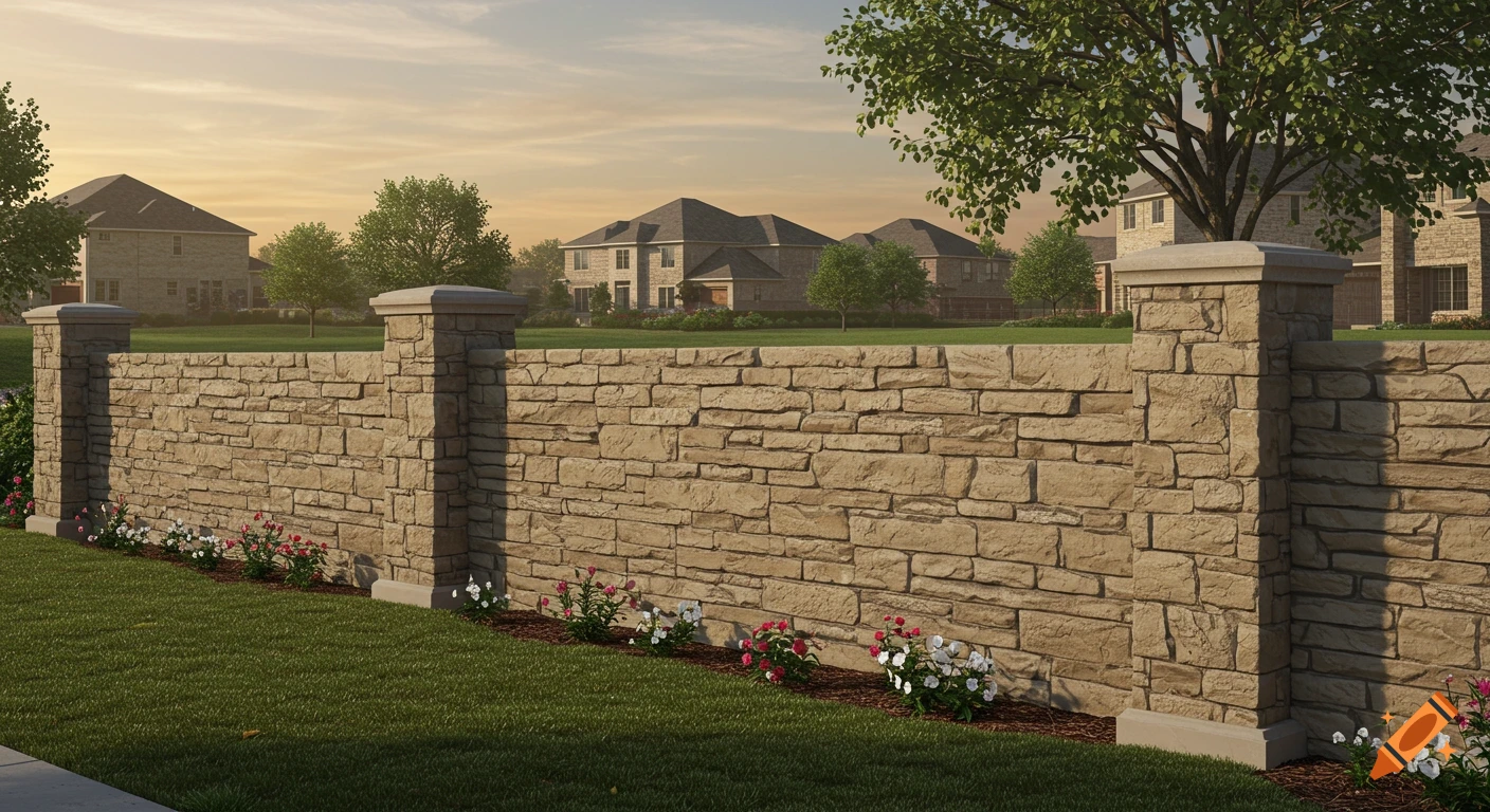 A photorealistic view of a beige stone perimeter wall with columns, green grass, flowers, and modern residential houses under a clear sky.