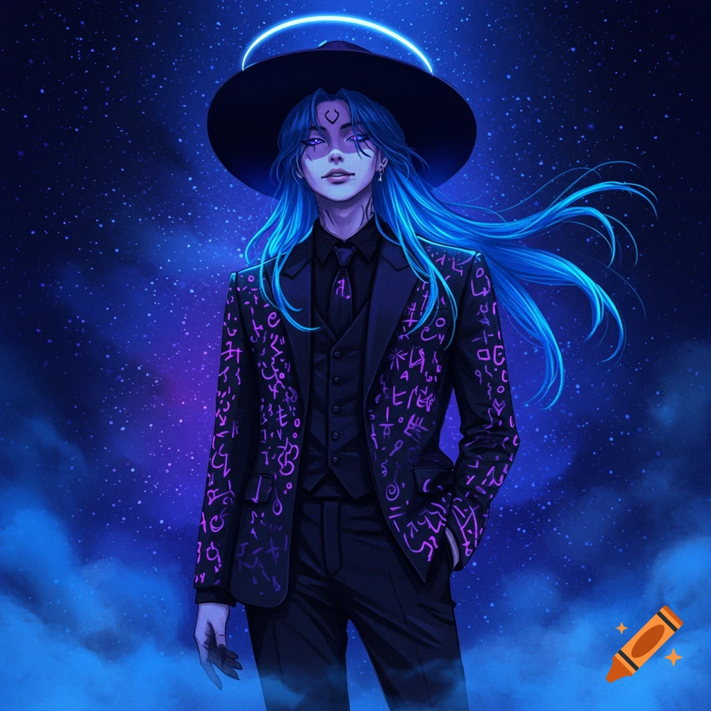 A blue-haired figure with a glowing halo and a wide-brimmed hat wears a black suit adorned with glowing purple symbols, set against a starry cosmic background.