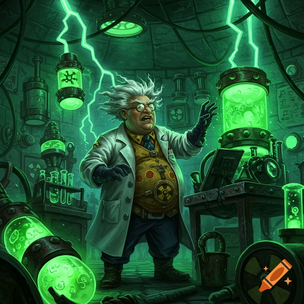 A cartoon-style obese mad scientist with wild white hair in a green-lit, cluttered laboratory with glowing radioactive materials and bubbling vats.