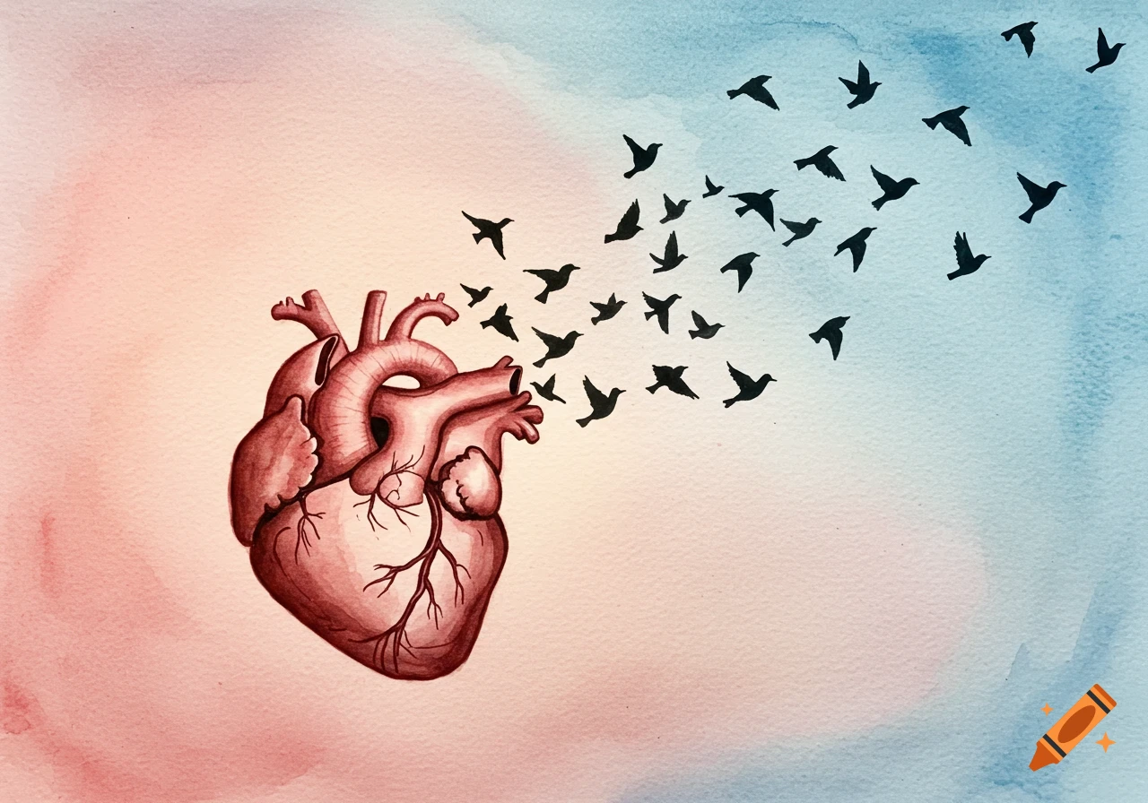 Watercolor illustration of a stylized anatomical heart with black birds flying out on a pink and blue background.