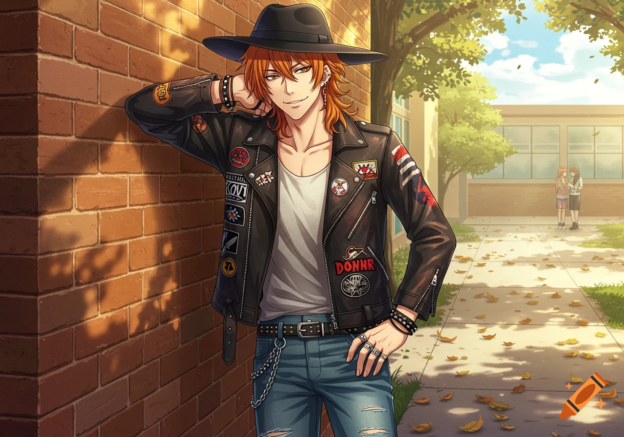 Anime man with orange hair, fedora, and leather jacket, leaning against a brick wall in a sunny schoolyard.
