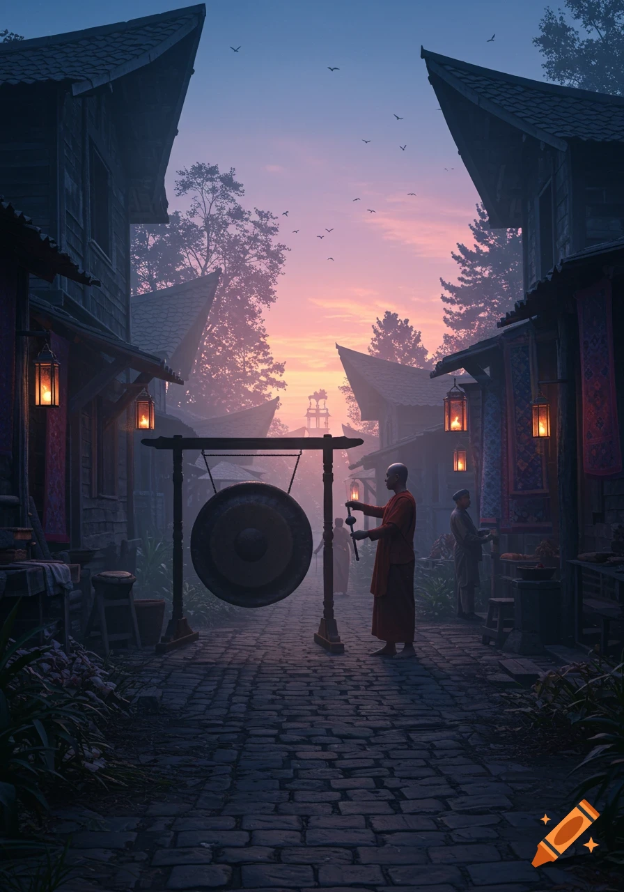 A monk in orange robes strikes a large gong on a cobblestone street in a traditional village at sunrise.