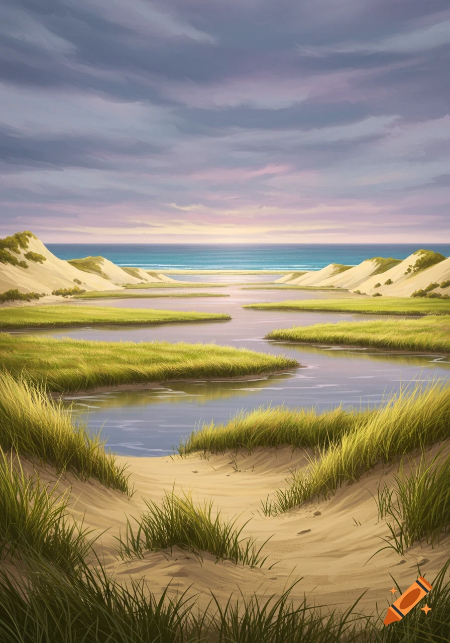 Serene digital painting of a coastal marsh with sandy dunes, green grass, calm water inlets, and a distant ocean under a pastel sky.