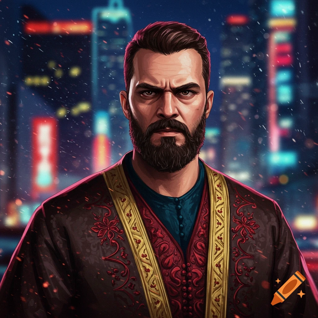 Stern, bearded man in a patterned robe stands against a blurred, neon-lit city skyline at night, digital art style.