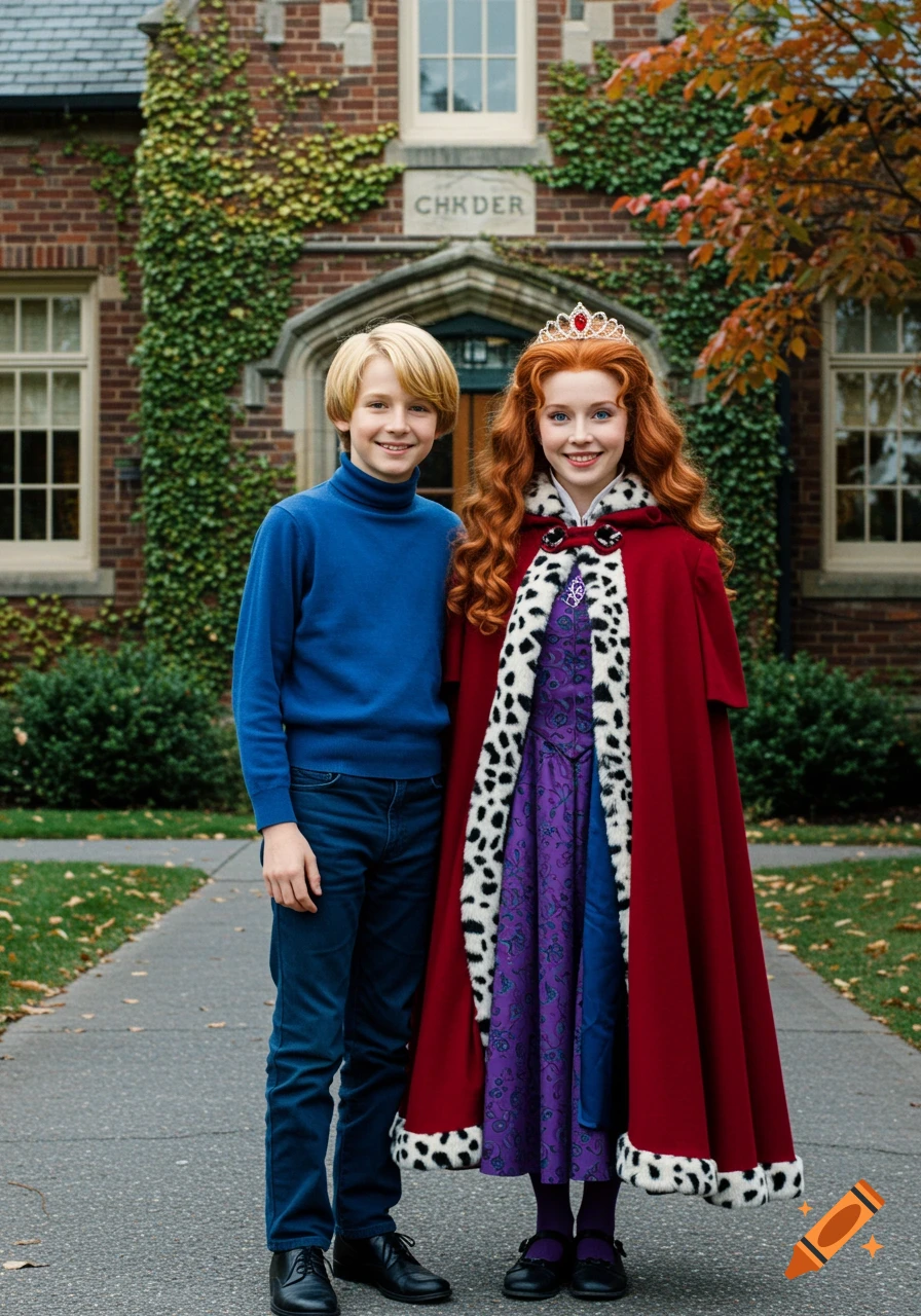 A boy in a blue turtleneck and a girl in a red queen's cloak with a tiara stand smiling outside a brick building.
